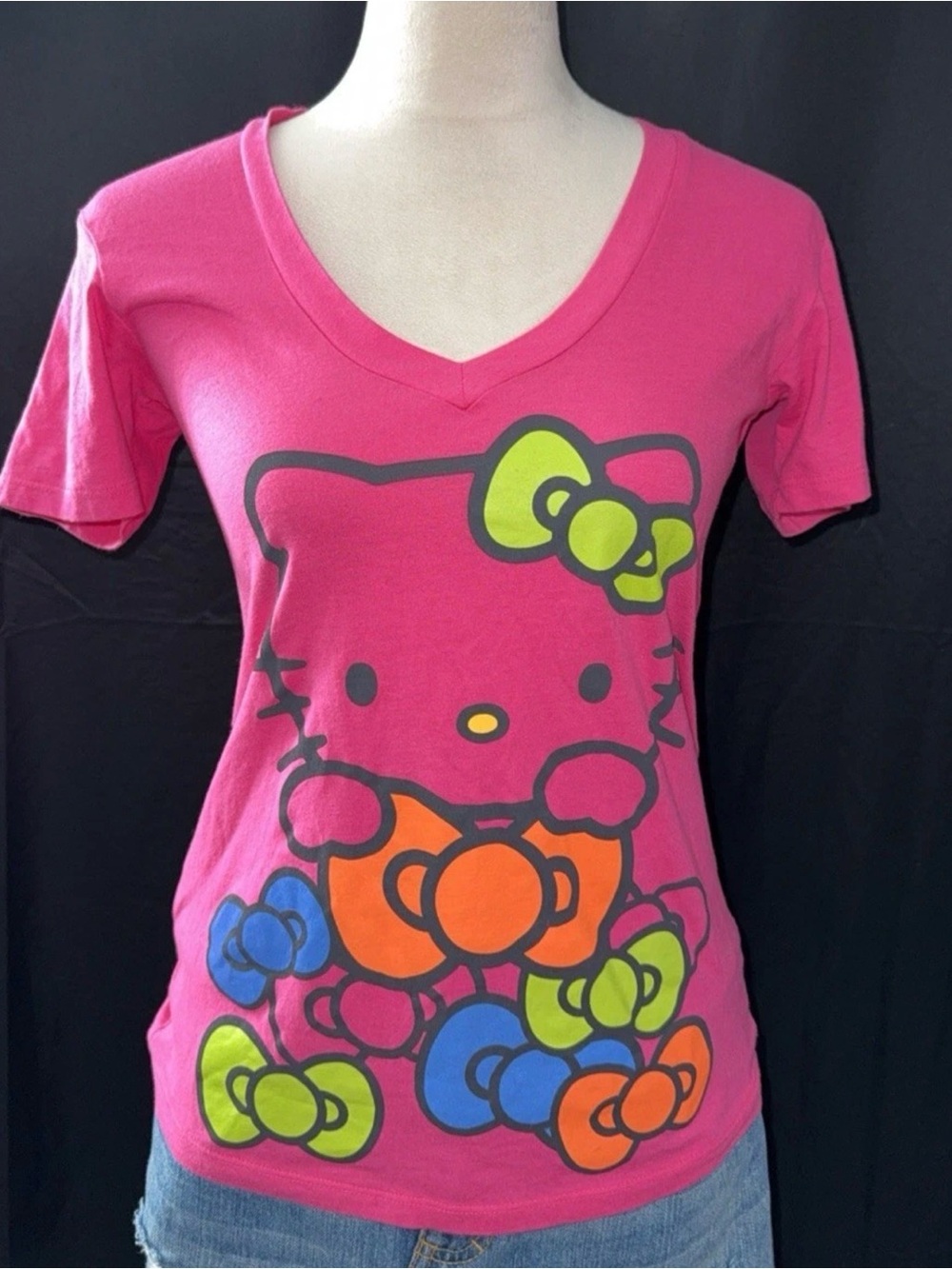 Hello Kitty Hot Pink V-Neck Tee with Neon Bow Graphic